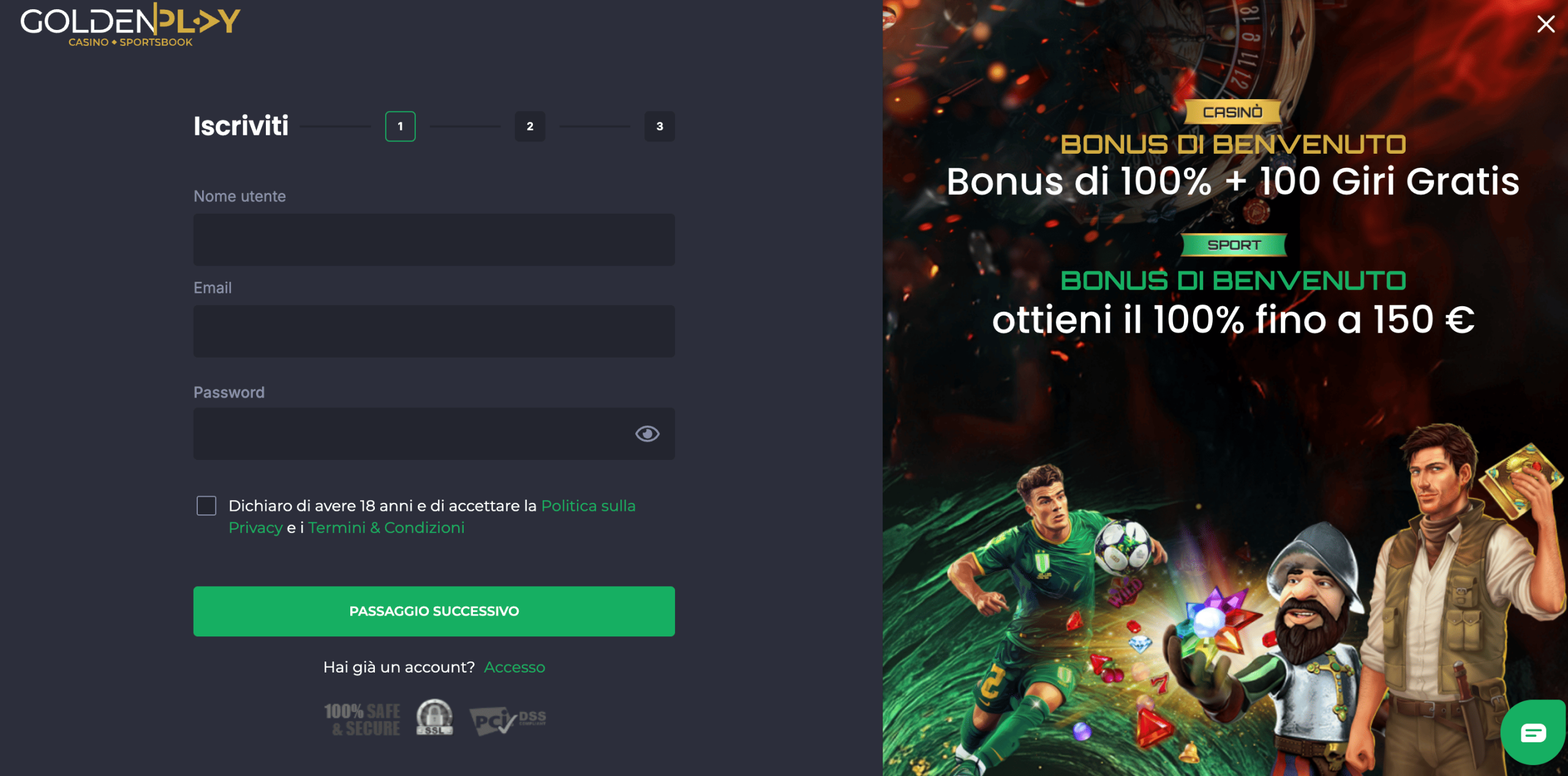 registrazione su goldenplay